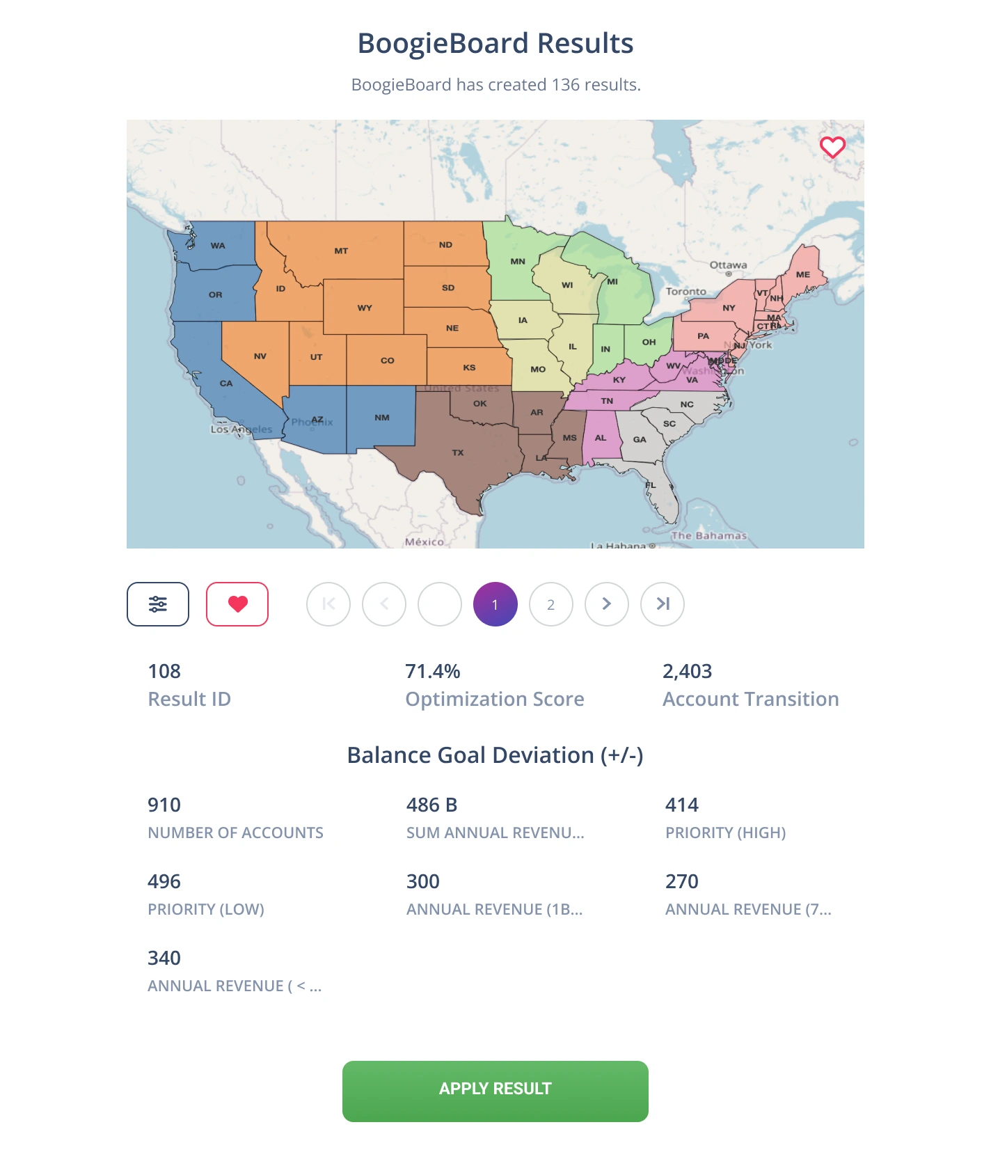 Screenshot of BoogieBoard displaying geographical territory results with coverage visualization, location mapping, and auto-carved geographical territories.